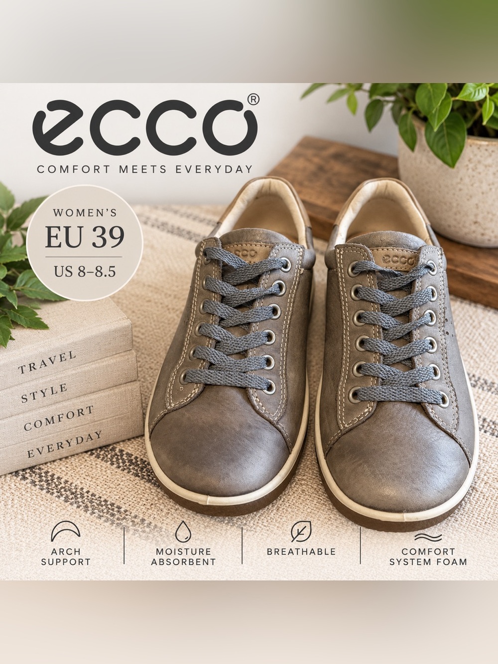 ECCO Women’s Leather Lace Up Sneakers Taupe Gray EU 39 US 8-8.5 Comfort